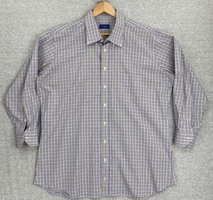 Tom James Dress Shirt Mens XXL Brown Blue Plaid Button Up Long Sleeve Collared